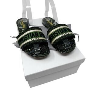 Christian Dior Dway Animals Print Embroidered Slides Green Black 38.5 Sandals